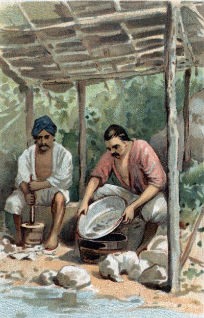 Pračky cínu v Malacca (Malacca), Malajsie. Chromolitografie konce 19. století. od Unknown artist
