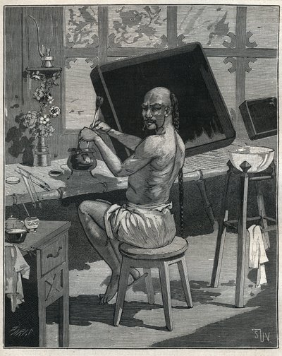 Nedostatek ropy Tong v Číně. Rytina z roku 1885 v „“Les arts et metiers illustres““ od Adolphe BITARDA. od Unknown artist