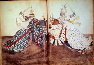 Turnaj: Hra volajícího a obžalovaného pána (tvář vévody z Bretaně a vévody z Bourbonu). Rukopis “”Kniha turnajů”” (Folio 32v - folio33) od Rene d