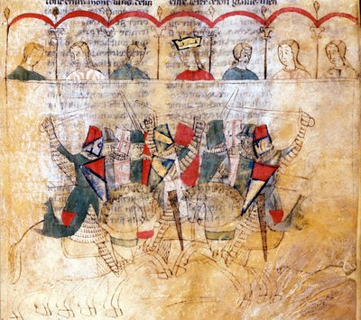 Turnajová scéna podle rukopisu „Lancelot du Lac“ ze 13. století. Biblioteca Nazionale Marciana Benátky. od Unknown artist
