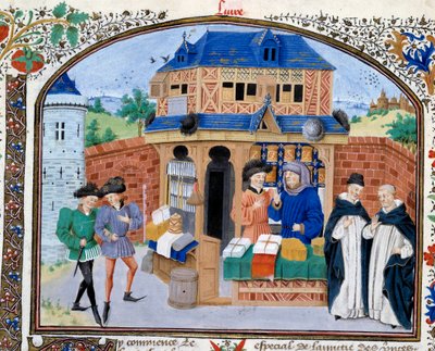Obchod: obchodník. Miniatura z rukopisu „“Komentář k etice““ řeckého filozofa Aristotela (383–322 př. n. l.) v překladu Nicolase Oresma (1325–1382) od Unknown artist