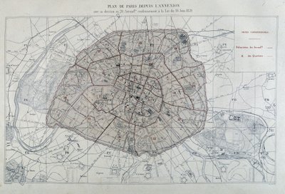 Proměny Paříže za Druhého císařství, Haussman Paris. Mapa Paříže od anexe s jejím rozdělením na 20 obvodů v souladu se zákonem ze dne 16. června 1859 - v „Administrativním atlasu obvodů města Paříže“ od Unknown artist