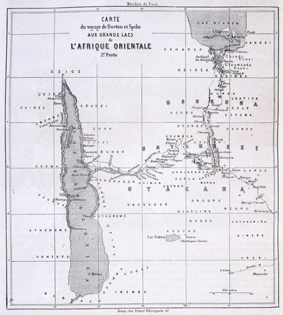 Cestovní mapa Richarda Francise Burtona, britského cestovatele (1821-1890) a Speke k Velkým jezerům východní Afriky 1857-59 - v Tour du Monde od Unknown artist