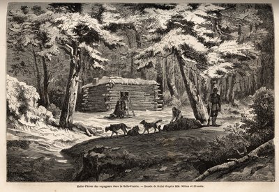 Cestovatelská zimní chata na krásné louce (Kanada), útočiště pro lovce a jejich sáňkování. Rytina k ilustraci plavby z Atlantiku do Pacifiku (route du nord ouest par les terres) v letech 1862-1864 od vikomta Miltona a doktora Cheadle, i. od Unknown artist