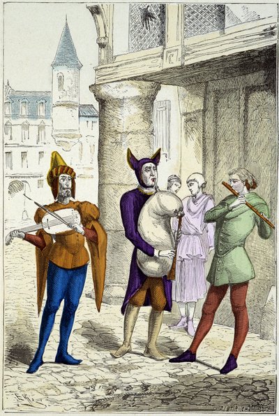 Cestující hudebníci v 15. století – v „“Costumes de Paris v průběhu staletí““ od Unknown artist