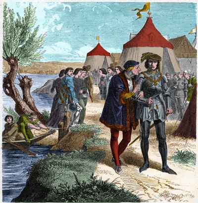 Conflansova smlouva z 5.10.1465 mezi francouzským králem Ludvíkem XI. a Charlesem de Charolais (později Charlesem Temerairem) ukončující povstání šlechticů neboli Ligu veřejného dobra. Rytina v „“ Histoire De France En Cent Paintings od Paula Lehugeura „“  od Unknown artist