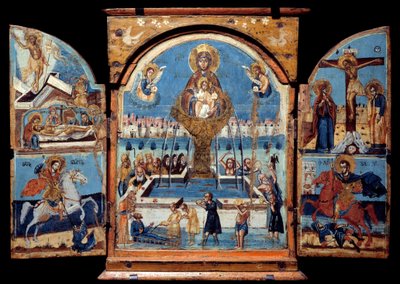 Triptych Panny Marie, zdroj života Centrální panel: Panna přechází přes zázračnou fontánu vody. Vlevo vzkříšení a uložení. Dole rytíř (Saint George) srážející draka. Vpravo ukřižování a rytířská hříčka od Unknown artist