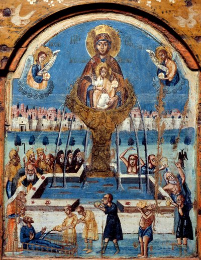 Triptych Panny, zdroj života Panna zakokrhá nad zázračným pramenem vody. Centrální panneu, malba na dřevě z Blízkého východu. Rouen musee des Beaux Arts z 19. století od Unknown artist