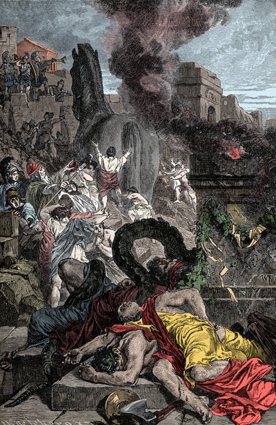 Trojský kůň - Trojská válka: Dřevěný kůň vstoupí do opevněného města od Unknown artist