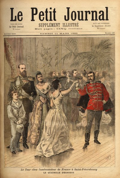 Car Alexander III (1815-1894) tančí čtvrť cti na hostině pořádané hrabětem z Montebella, francouzským velvyslancem v Rusku. Rytina v „“ Le petit journal“ 11/03/1893. Selva sbírka. od Unknown artist