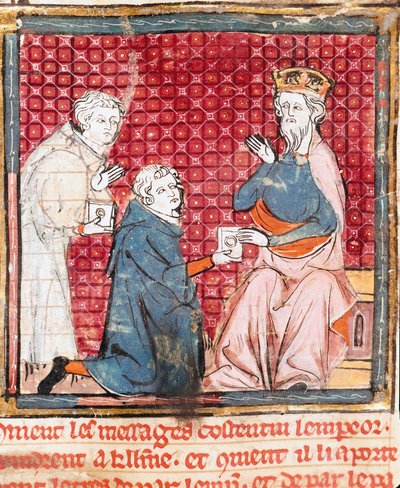 Dva poslové oznamují v Karlu Velikém (742-814) vítězství nad miniaturními Saracény z „“Grandes Chronicles de France““ 1375-1379 Městská knihovna, Castres od Unknown artist