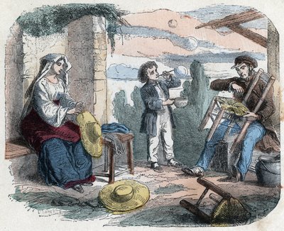 Využití slámy v 19. století: muž zdobí židli slámou, žena plete klobouky (košíkář), dítě dělá brčkem mýdlové bubliny. Rytina konce 19. století. od Unknown artist