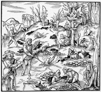 Použití kouzelného kbelíku k hledání pokladů země – v „The Book of Mines““ od Agricoly od Unknown artist