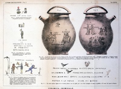 Různé ilustrace a nápisy zanechané zločinci na keramických vázách: studie Cesare Lombroso (1835-1909), italského kriminalisty ve filmu „Zločinec“ (L