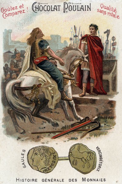 Vercingetorix (72-46 př. n. l.), vůdce galského povstání, skládá zbraně k nohám Césara (100-44 př. n. l.), poté co definitivně ztratil město Alesia - V obecné historii mincí - Chocolate-Foal Chromolitography z pozd. 19. století - vojín Coll od Unknown artist