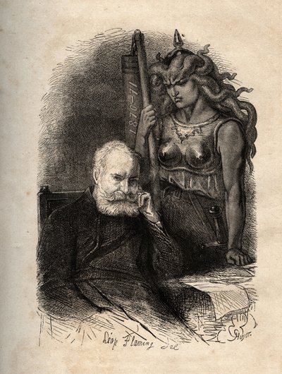 Victor Hugo sedící s bohyní války – rytina z „Hrozného roku“ („Hrozný rok“), série básní, které pojednávají o obležení a traumatu ze ztráty jeho tak – Victor Hugo, bohyně haante par la de la guerre rytina v „“ L