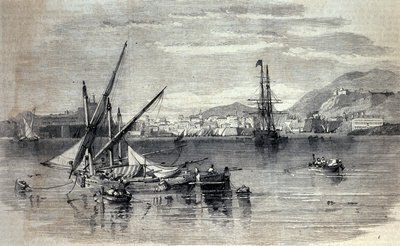 Pohled na Korfu v Řecku z ostrova Vido. Rytina z počátku 19. století od Unknown artist