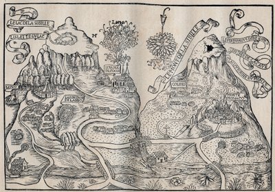 Pohled na horu Sibille (ráj královny Sybilly) (dvojitá mapa hory Pilát a Sibyla) - Antoine de La Sale (La Salle) Francouzský satirický spisovatel 15. století. od Unknown artist