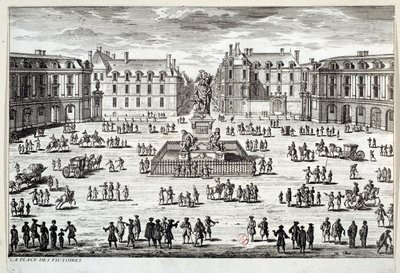 Pohled na Place des Victoires v Paříži se sochou Ludvíka XIV. zvednutou marechalem de la Feuillade v roce 1686. Rytina Paříže ze 17. století, Musee Carnavalet od Unknown artist