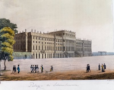 Pohled na zámek Schonbrunn (Schoenbrunn) ve Vídni, Rakousko. Rytina z roku 1826 Soukromá sbírka od Unknown artist