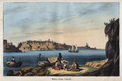 Pohled na Vallettu (Malta) v 19. století - rytina z „“ Zvyky a tradice všech národů vesmíru. Tedy Dějiny vlády, zákonů, milicí, náboženství všech národů od nejvzdálenějších dob až po současnost „1856 od Unknown artist