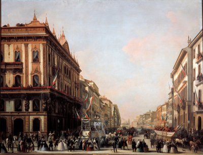 Pohled na ulici Venezia s karnevalovým plavidlem, Milán (malba od Unknown artist