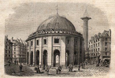 Pohled na halle au ble v Paříži (postavena v letech 1763-1769) a Medicejský sloup, rytina začátek 19. století - burza pšenice a kukuřice v Paříži (postavena v letech 1763-1769), rytina počátek 19. století - Vue de la Halle au ble, umístěn na současném Hote od Unknown artist