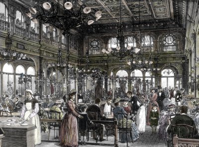 Pohled na jednu z restaurací (bujón), levná dělnická jídelna, založená Alexandrem Duvalem v Paříži 1880 - 1885. 19. století (rytina) od Unknown artist