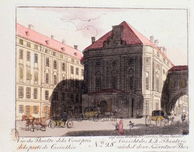 Pohled na Dvorní divadlo poblíž Korutanské brány (Karntnertortheater nebo Theater am Karntnertor) ve Vídni, kde byla 7. 5. 1824 poprvé zastoupena Beethovenova 9. symfonie. Rakousko. Rytina ze soukromé sbírky z roku 1815 od Unknown artist