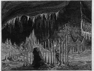 Pohled na „Církevní síň““ v jeskyni Dargilan (Lozere). Gravírování v „“ La Nature. Revue des sciences et de ses applications aux arts et a l