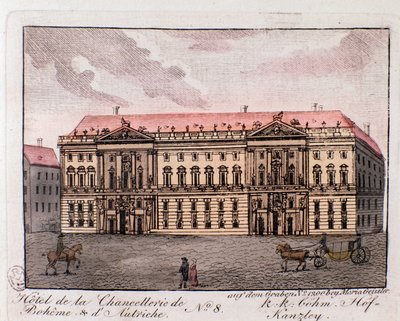 Pohled na hotel kancléřství Boheme a Rakouska ve Vídni, Rakousko. Rytina ze soukromé sbírky z roku 1815 od Unknown artist