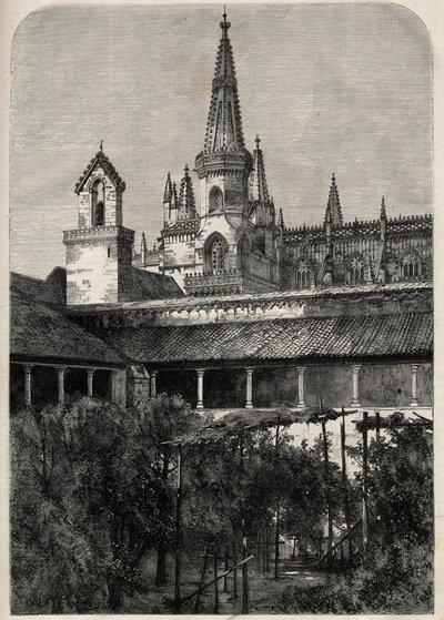 Pohled na klášter Bathala v Portugalsku. Gravírování v „The Illustrous Universe“ od Unknown artist