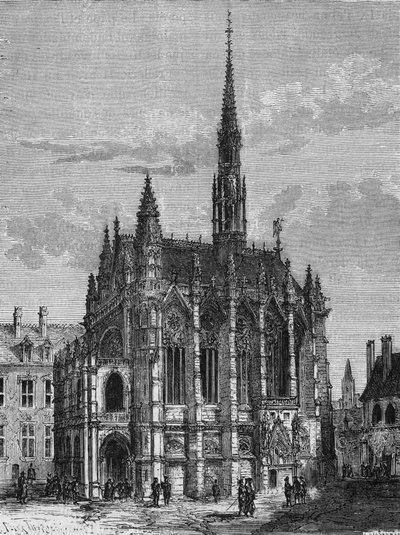 Pohled na kostel Sainte Chapelle v Paříži. Rytina z L