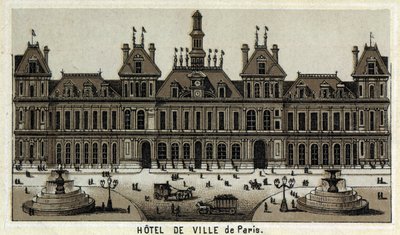 Pohled na radnici Paříže a náměstí. Chromolitografie konce 19. století. od Unknown artist