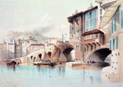 Pohled na město Lyon a Pont de Charge. Akvarel z roku 1837. Paříž, B.N. od Unknown artist