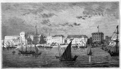 Pohled na město Zanzibar v Africe. Vlevo francouzský konzulát. Vpravo sultánův palác a arzenál. Rytina do „The Universe Ilustrious“ od Unknown artist