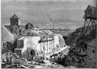 Pohled na staveniště nádrží na pitnou vodu ve Villejuif. Gravírování v „“ Le Monde Illustré““ č. 1300 z 25. února od Unknown artist