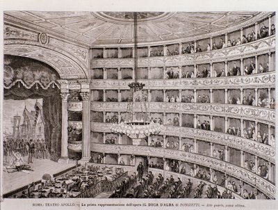Pohled na první představení opery Vévoda z Alby v Teatro Apollo v Římě od Unknown artist