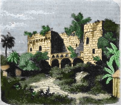Pohled na dům „“Alcazar de Colón””, který postavil Kryštof Kolumbus pro svého syna Diega Kolumba (Diego Colon y Moniz) (1480-1526), na ostrově Santo Domingo. Rytina 19. století. od Unknown artist