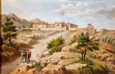 Pohled na dům italského patriota a hrdinů Risorgimento Giuseppe Garibaldi (1807-1882) a Caprera (Sardinie) Garibaldi je se dvěma rolníky vlevo na obrázku. Anonymní obraz římského Museo del Risorgimento z 19. století od Unknown artist