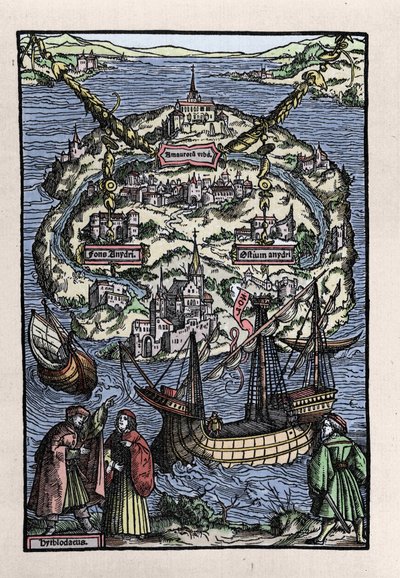 Pohled na ostrov Utopie (Utopie) z knihy Thomase Mora (1478-1535), „“Optimální stav republiky, která nově izoluje Utopii“. Vyryl Johann Froben. 1518. od Unknown artist