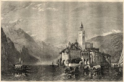 Pohled na klášter Mater Ecclesiae na ostrově Saint Jules (Saint Jules) (San Giulio) na jezeře Orta (jezero Cusio) v Itálii. Rytina podle obrazu Williama Collingwooda Smithe (1815-1887). V „The Illustrated London News“ z 22. března od Unknown artist