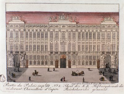 Pohled na část císařského paláce s názvem Chancery of Empire ve Vídni. Rakousko. Rytina ze soukromé sbírky z roku 1815 od Unknown artist
