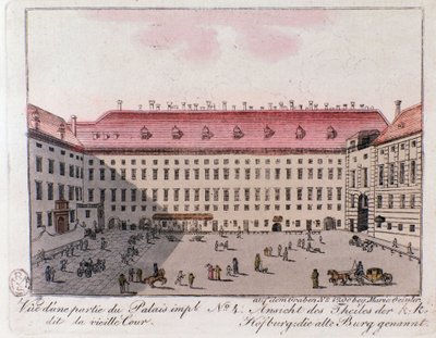 Pohled na část císařského paláce s názvem Starý dvůr ve Vídni. Rakousko. Rytina ze soukromé sbírky z roku 1815 od Unknown artist