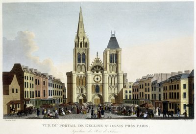 Pohled na portál kostela St Denis, nedaleko Paříže, pohřeb francouzských králů a trh na náměstí - v „Paris par Courvoisier““ od Unknown artist