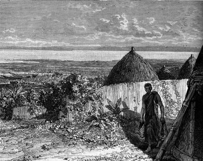 Vesnice na břehu jezera Albert Nyanza (nebo Lake Albert), Afrika. Rytina do „“Le Journal de la jeunesse““ od Unknown artist