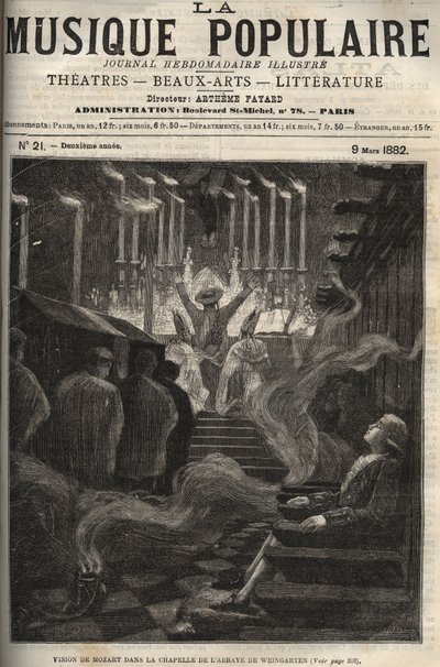 Vize Wolfganga Amadea Mozarta (1756-1791) v kapli (velké varhany) opatství Weingarten v Německu – rytina v proslulém týdeníku „” Popular Music”””” - 1882 od Unknown artist