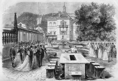 Návštěva císaře Francoise-Josepha (1830-1916) a imprese Alžběty Rakouské (Sissi) (1837-1898) s Eugenií (1826-1920), impressem Francouzů a Napoleonem III. v císařské rezidenci Hellbrunn v Rakousku dne 21. od Unknown artist