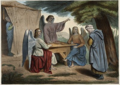 Návštěva tří andělů u Abrahama: Abraham se dozví, že jeho žena Sára (hluboká), již velmi stará, mu brzy dá syna. Anonymní rytina z poloviny 19. století. od Unknown artist