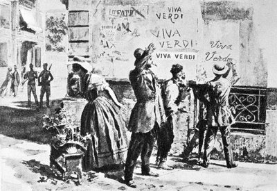 Viva Verdi: Nadšené nápisy pro Giuseppe Verdiho v Neapoli (království dvou Sicílií) za rakouské okupace v roce 1859, po zákazu jeho opery „Un Ballo in maschera“ (V.E.R.D.I. (VERDI) = Vittorio Emanuele Re d